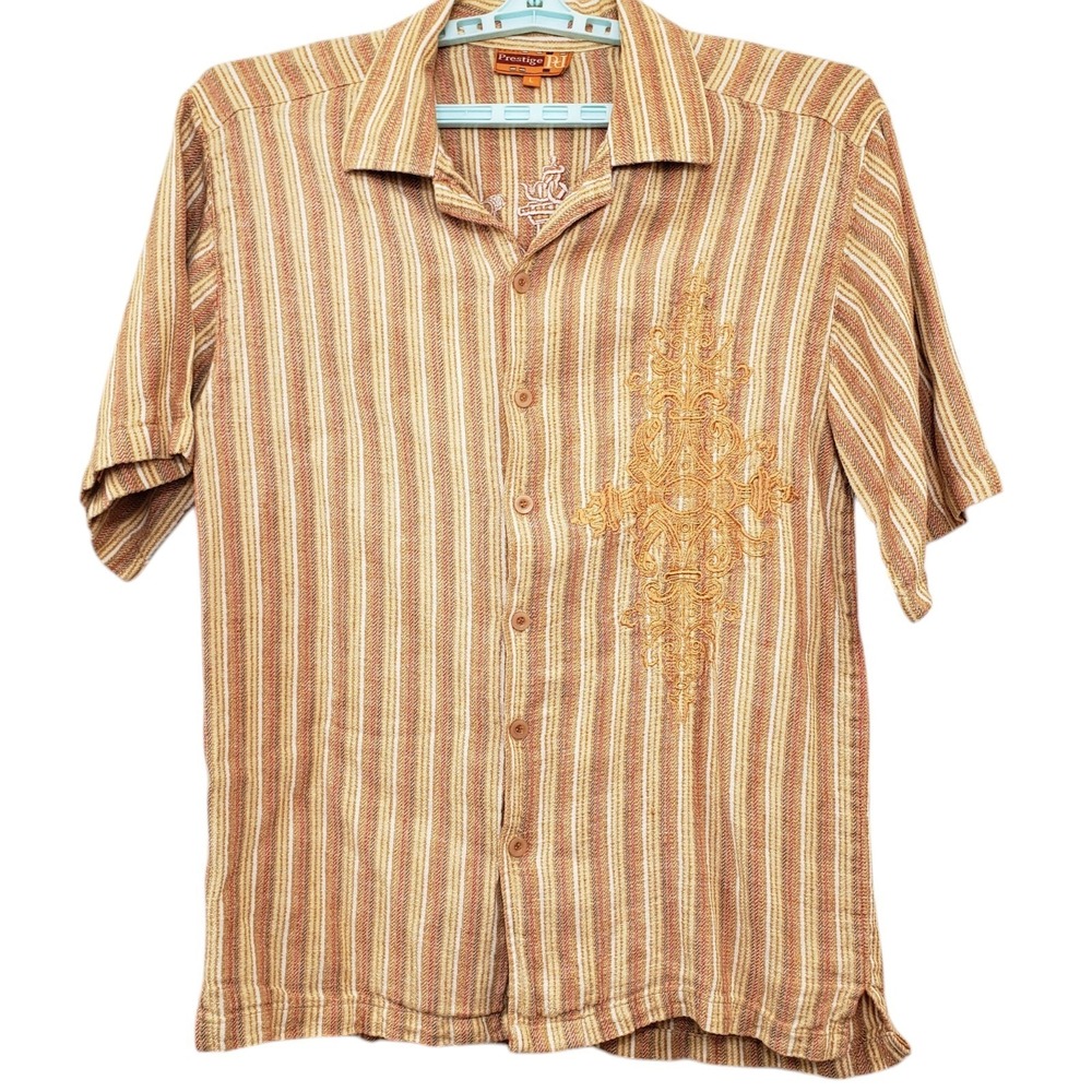 Prestige Men Size XL 100% Linen Orange Short Sleeve Button Up Shirt Embroidered